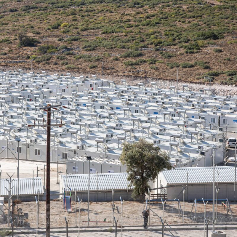 New Refugee camp on Samos island. The new Closed Controlled Access Center of Samos is a refugee camp, a hotspot funded by the European Union to host asylum seekers. Samos, Greece - Oct 25, 2021